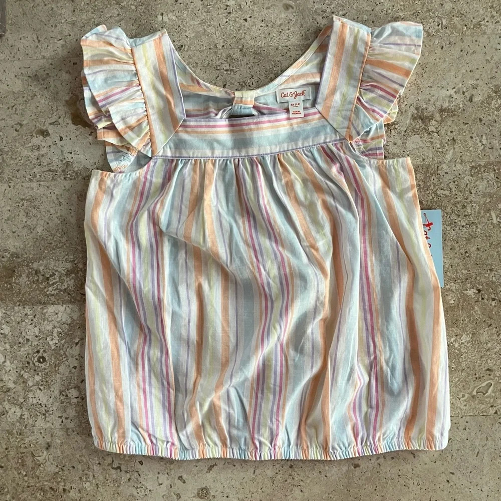 🐱 2 / $15 NWT Cat & Jack Multi Color Stripe Girls Top ruffle Sleeve Square Neck
